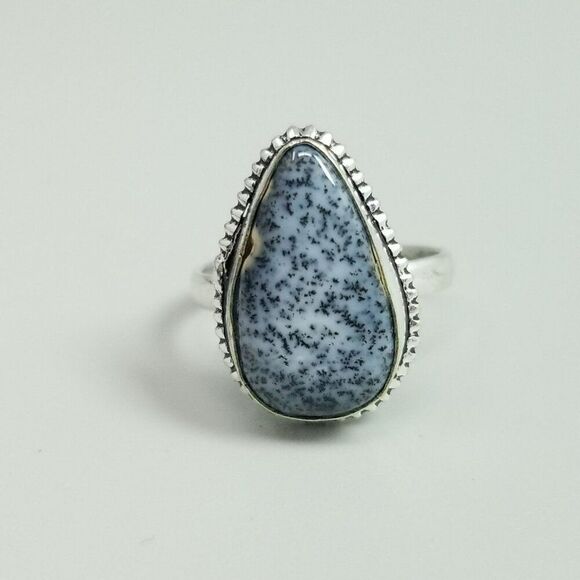 Vintage Blue Speckled Drop Shape Ring, Silver Tone Bezel Set Size 9 Band - Picture 2 of 8
